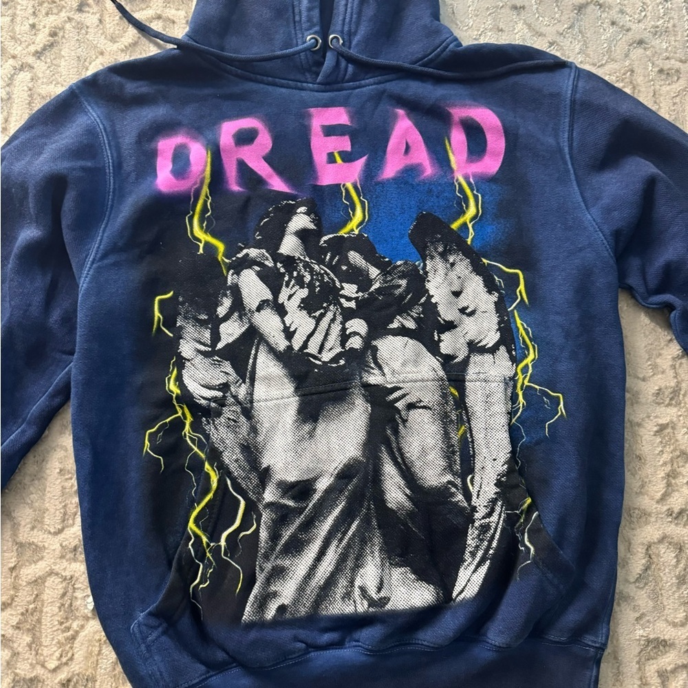 Hot Topic Dread Angel Statue Blue Oil Wash Hoodie size small - Picture 2 of 5